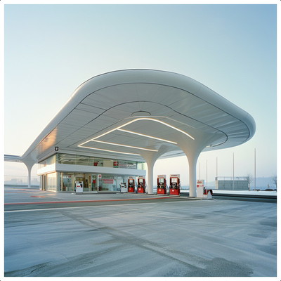 Ruimte frame van benzinestation Prachtig gevormd ontwerp en constructie voor u