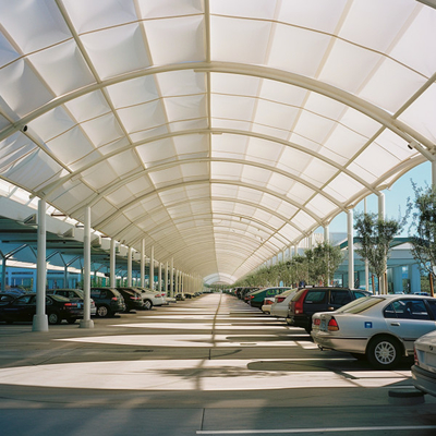 Spanningsmembraanstructuur voor openbare parkeergarages beschermt voertuigen met stijlvolle luifel